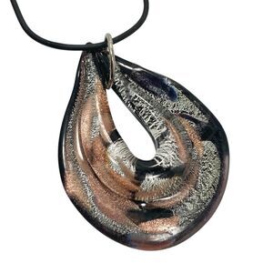 Vtg Murano Style Art Glass Pendant Necklace Black Cord 22" Brown Copper Silver